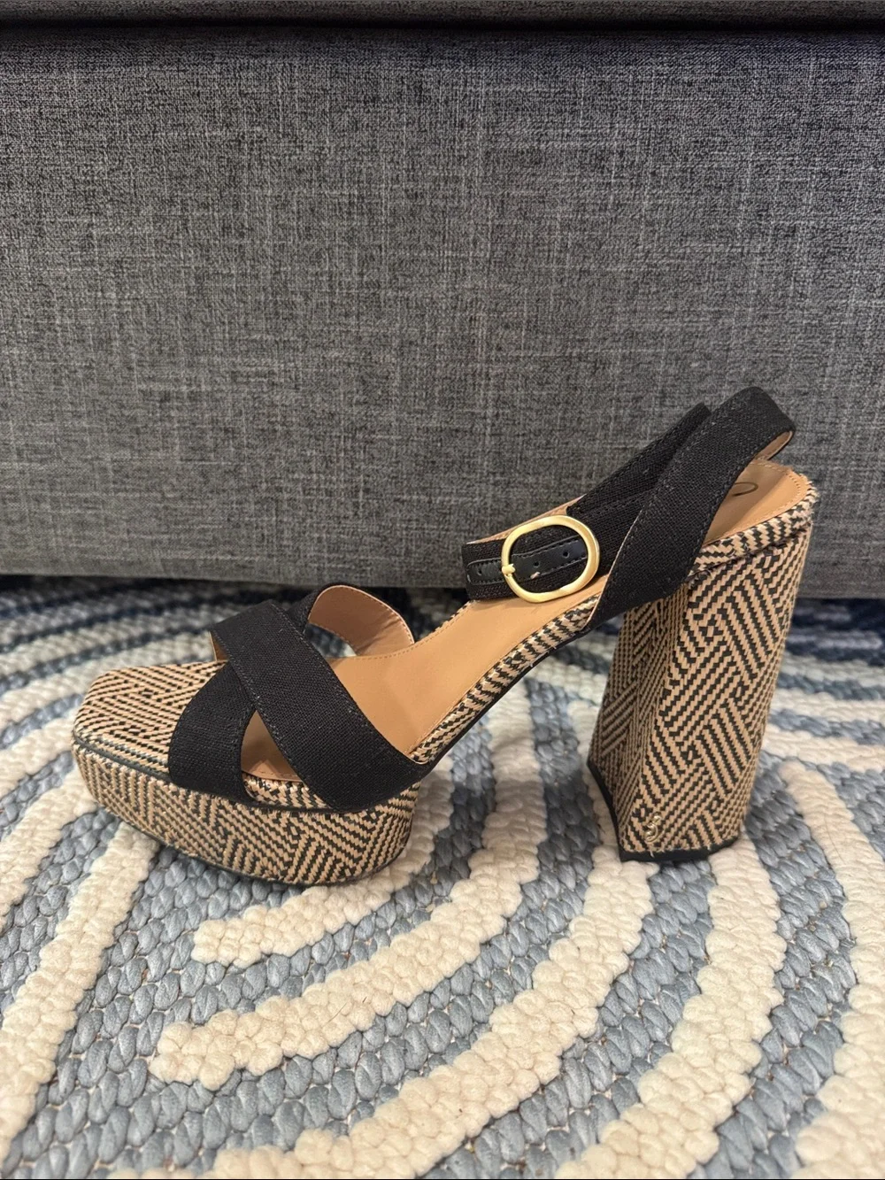 Sam Edelman Nolita Platform Block Heel Sandals Black Linen Raffia Size 10 NWOT